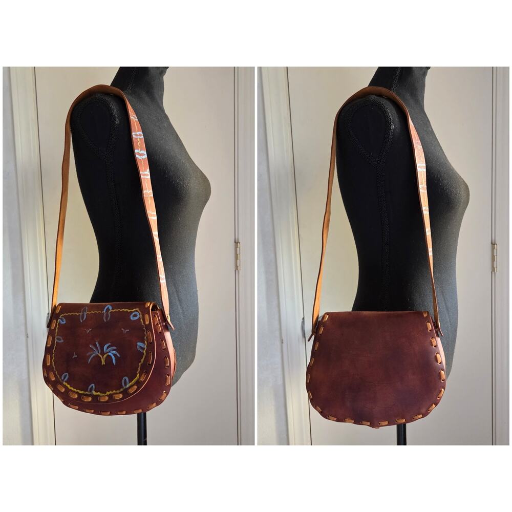VTG 70s Hand Tooled Painted 100% Leather Saddle Bag Shoulder Purse Boho Hippie - Picture 4 of 14